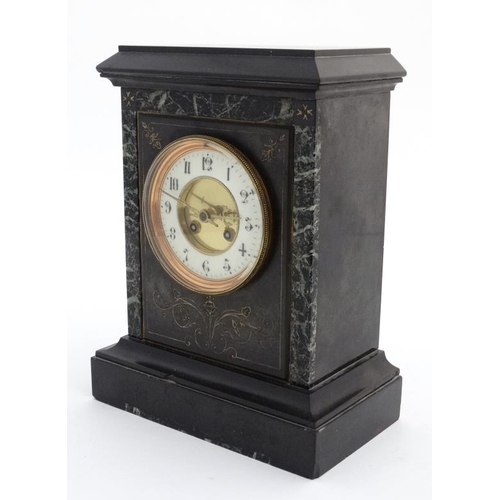 79 - Marble Mantle Clock  : a Slate cased and marble cased 8 Day 5'' dial mantle clock striking on a coil... 