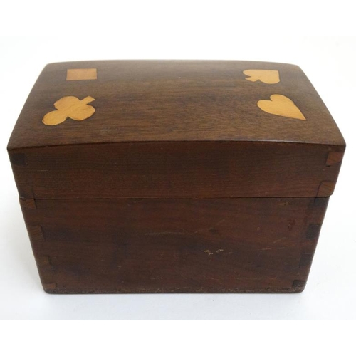 791 - A 19thC inlaid card box, the top with the 4 suits inlaid to lid opening to reveal 2 playing card pac... 