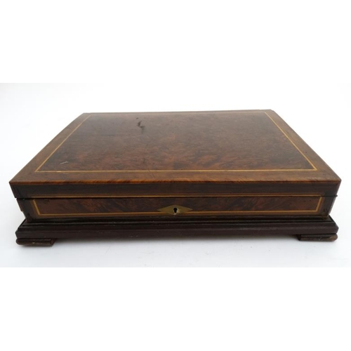 792 - A 19thC burr yew wood and mahogany strung hinged lidded box  15'' wide x 11'' deep x 3 1/4'' high