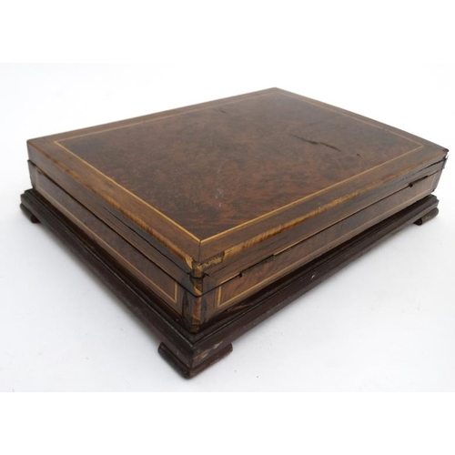 792 - A 19thC burr yew wood and mahogany strung hinged lidded box  15'' wide x 11'' deep x 3 1/4'' high