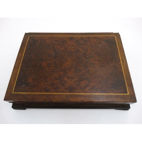 792 - A 19thC burr yew wood and mahogany strung hinged lidded box  15'' wide x 11'' deep x 3 1/4'' high