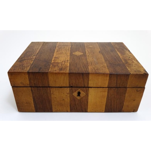 796 - A 19thC Rosewood and satinwood banded blue paper lined jewellery box  10'' wide