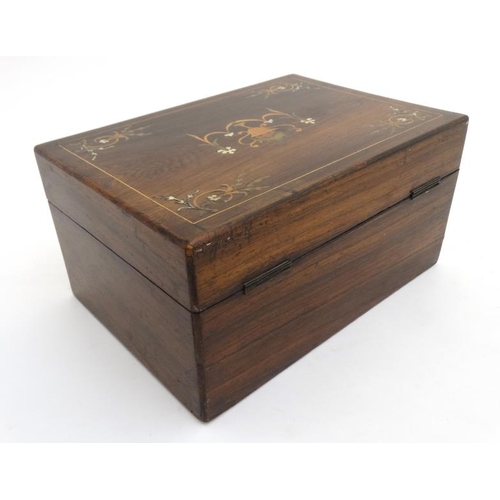 797 - A 19thC rosewood inlaid ladies work box opening to reveal lift out tray etc. 10 3/4'' wide  x 5 1/2'... 