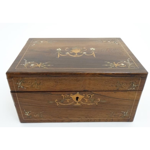 797 - A 19thC rosewood inlaid ladies work box opening to reveal lift out tray etc. 10 3/4'' wide  x 5 1/2'... 