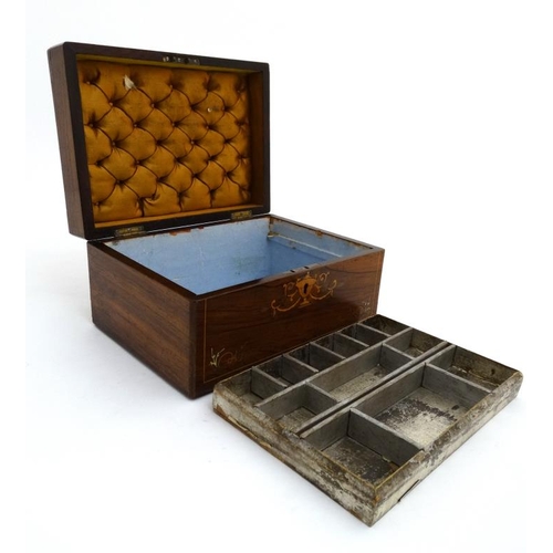 797 - A 19thC rosewood inlaid ladies work box opening to reveal lift out tray etc. 10 3/4'' wide  x 5 1/2'... 