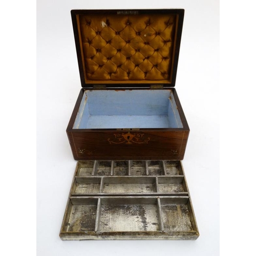 797 - A 19thC rosewood inlaid ladies work box opening to reveal lift out tray etc. 10 3/4'' wide  x 5 1/2'... 