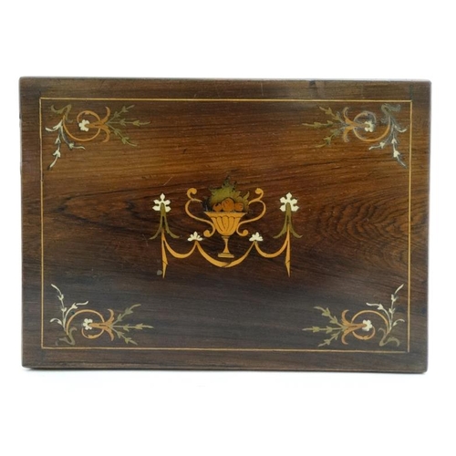 797 - A 19thC rosewood inlaid ladies work box opening to reveal lift out tray etc. 10 3/4'' wide  x 5 1/2'... 