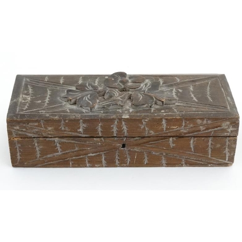 798 - A 19thC black forest carved wooden glove box. Bears label under for ' City House, 22 Union street Br... 