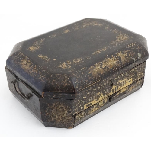 800 - An early 19thC chinoiserie work box of octagonal form with drawer under opening to reveal small sect... 