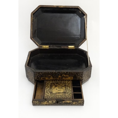 800 - An early 19thC chinoiserie work box of octagonal form with drawer under opening to reveal small sect... 