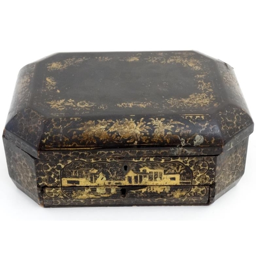 800 - An early 19thC chinoiserie work box of octagonal form with drawer under opening to reveal small sect... 