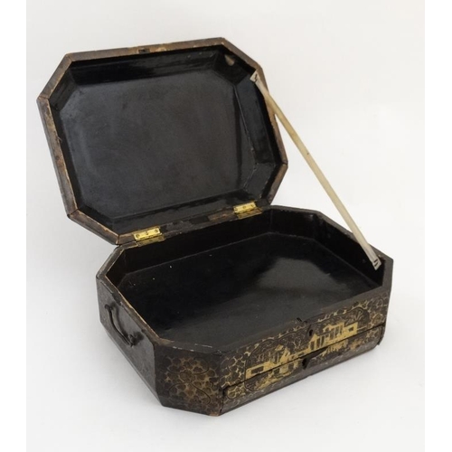 800 - An early 19thC chinoiserie work box of octagonal form with drawer under opening to reveal small sect... 