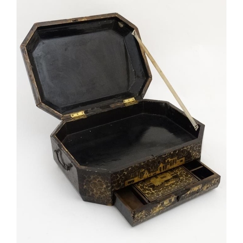 800 - An early 19thC chinoiserie work box of octagonal form with drawer under opening to reveal small sect... 