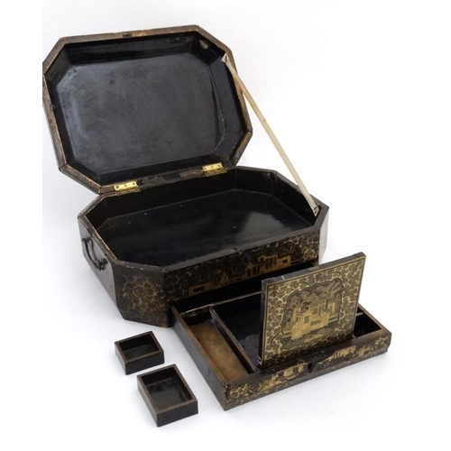 800 - An early 19thC chinoiserie work box of octagonal form with drawer under opening to reveal small sect... 