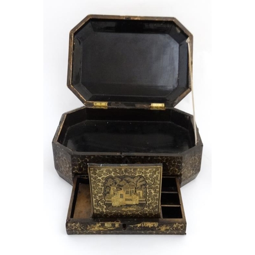 800 - An early 19thC chinoiserie work box of octagonal form with drawer under opening to reveal small sect... 