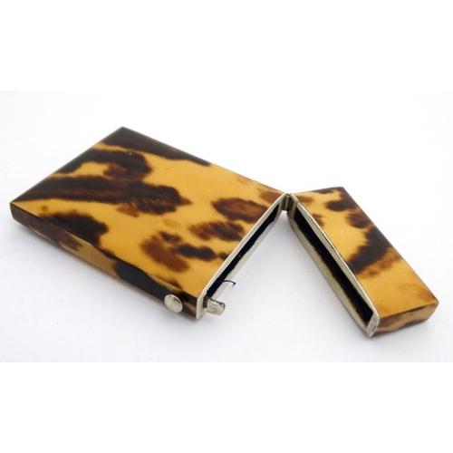 801 - A 19thC blonde tortoiseshell card case with white metal diamond inlay. 3 3/8'' high x 2 1/16'' wide