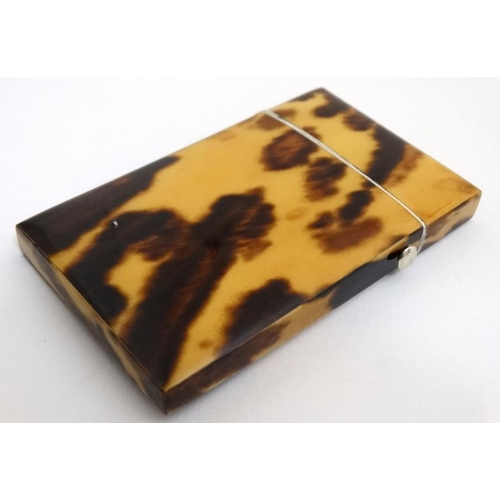 801 - A 19thC blonde tortoiseshell card case with white metal diamond inlay. 3 3/8'' high x 2 1/16'' wide