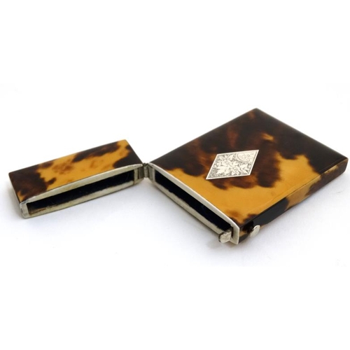 801 - A 19thC blonde tortoiseshell card case with white metal diamond inlay. 3 3/8'' high x 2 1/16'' wide