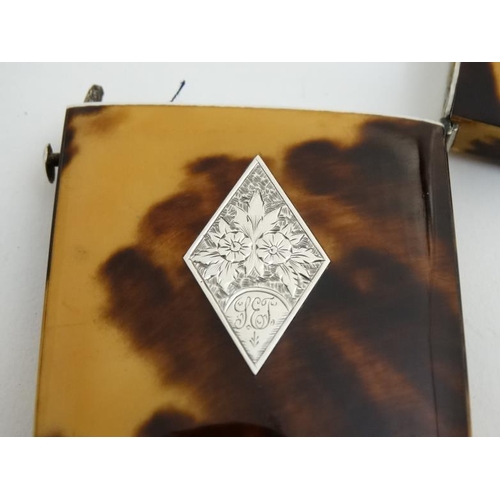 801 - A 19thC blonde tortoiseshell card case with white metal diamond inlay. 3 3/8'' high x 2 1/16'' wide