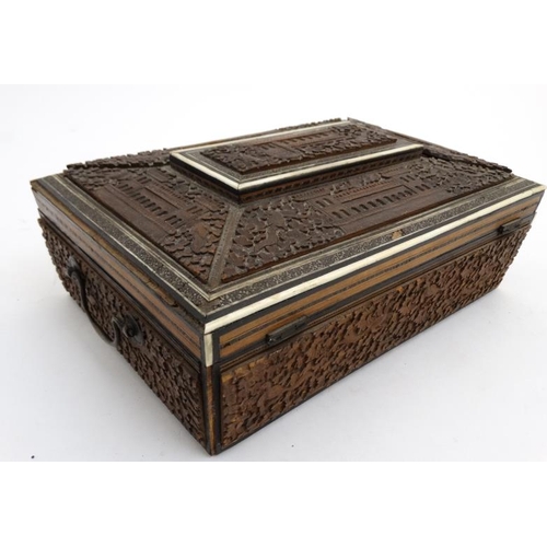 802 - Indian carved sandalwood and vizagapatam ladies workbox with lift out section and fitted section und... 