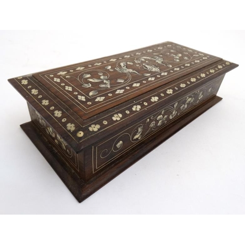 803 - A Colonial 19thC penwork and ivory inlaid hardwood glove box 10 7/8'' long x 5'' deep x 2 1/2'' high