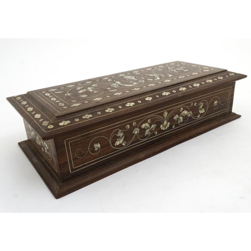 803 - A Colonial 19thC penwork and ivory inlaid hardwood glove box 10 7/8'' long x 5'' deep x 2 1/2'' high