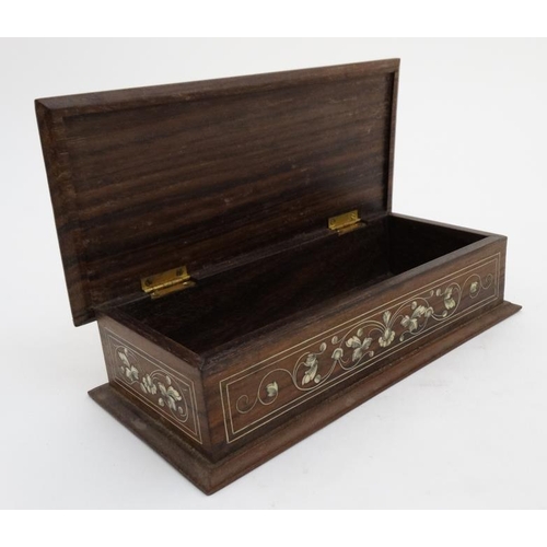 803 - A Colonial 19thC penwork and ivory inlaid hardwood glove box 10 7/8'' long x 5'' deep x 2 1/2'' high