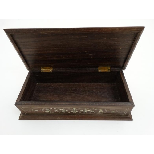 803 - A Colonial 19thC penwork and ivory inlaid hardwood glove box 10 7/8'' long x 5'' deep x 2 1/2'' high