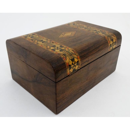 805 - A late 19thC inlaid and banded walnut semi-domed sewing box 10 3/4'' wide x 5'' high x 7 3/4'' deep