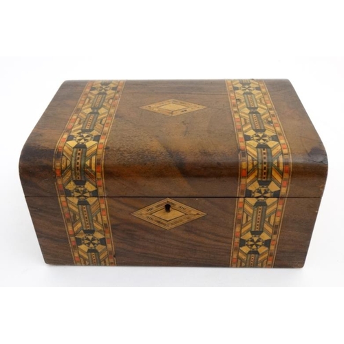 805 - A late 19thC inlaid and banded walnut semi-domed sewing box 10 3/4'' wide x 5'' high x 7 3/4'' deep