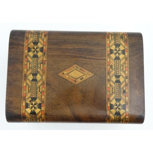 805 - A late 19thC inlaid and banded walnut semi-domed sewing box 10 3/4'' wide x 5'' high x 7 3/4'' deep