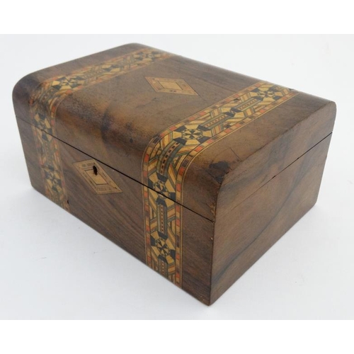 805 - A late 19thC inlaid and banded walnut semi-domed sewing box 10 3/4'' wide x 5'' high x 7 3/4'' deep