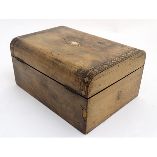 808 - A 19thC inlaid walnut semi-domed ladies workbox with lift up tray 12'' wide