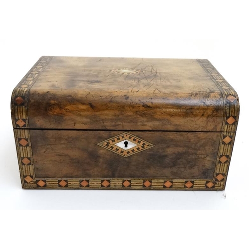 808 - A 19thC inlaid walnut semi-domed ladies workbox with lift up tray 12'' wide