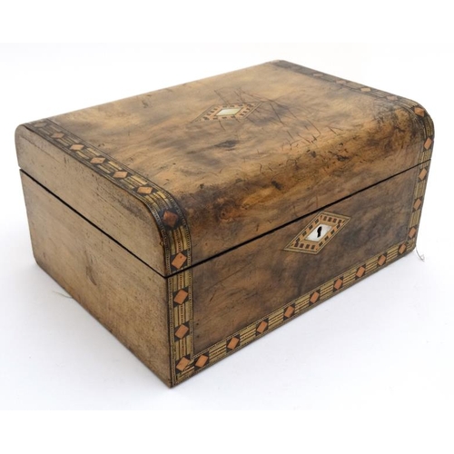 808 - A 19thC inlaid walnut semi-domed ladies workbox with lift up tray 12'' wide