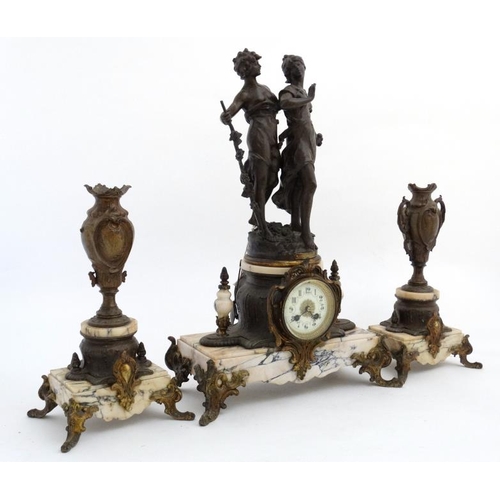 81 - Large Marble clock with garnitures : a French clock striking on a bell with 8 day  movement ( outsid... 