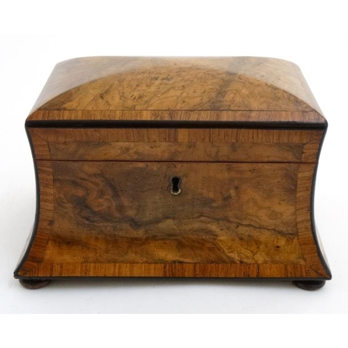 810 - A Victorian burr walnut cross banded concave 2 division tea caddy on squat bun feet.  8 1/4'' wide x... 