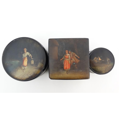 812 - Pre - Revolution Russia :   3 Imperial Russian painted papier-mâché  and lacquered boxes, one with a... 