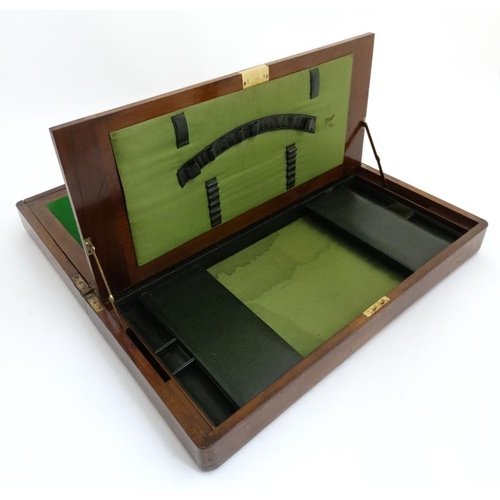 815 - A c.1910 unusual inlaid walnut  writing box with green leather fitments for stamps, pocket watch, en... 