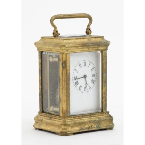 82 - Miniature Carriage Clock  : an early - mid 20thC 5 bevelled glass miniature brass cased ,  key wind ... 