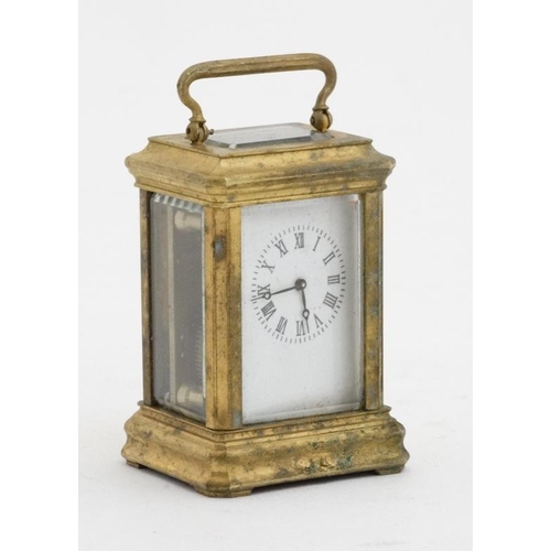 82 - Miniature Carriage Clock  : an early - mid 20thC 5 bevelled glass miniature brass cased ,  key wind ... 