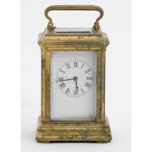 82 - Miniature Carriage Clock  : an early - mid 20thC 5 bevelled glass miniature brass cased ,  key wind ... 