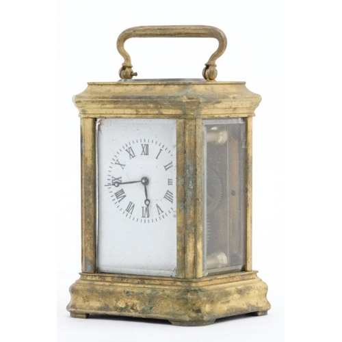 82 - Miniature Carriage Clock  : an early - mid 20thC 5 bevelled glass miniature brass cased ,  key wind ... 