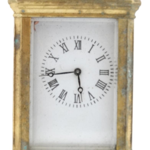 82 - Miniature Carriage Clock  : an early - mid 20thC 5 bevelled glass miniature brass cased ,  key wind ... 