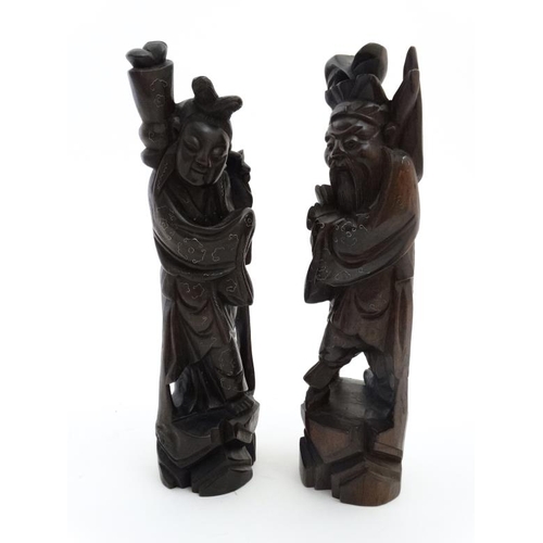 826 - 2 19thC carved wooden Chinese figures with white metal inlay one of Shai Lao. Tallest 11 1/4'' high