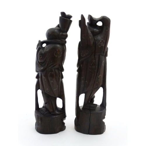 826 - 2 19thC carved wooden Chinese figures with white metal inlay one of Shai Lao. Tallest 11 1/4'' high