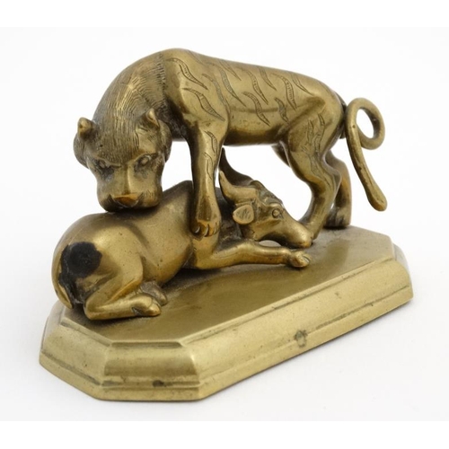 838 - A Chinese cast brass / bronze figure group depicting a tiger and a recumbent water buffalo 4 1/2'' l... 