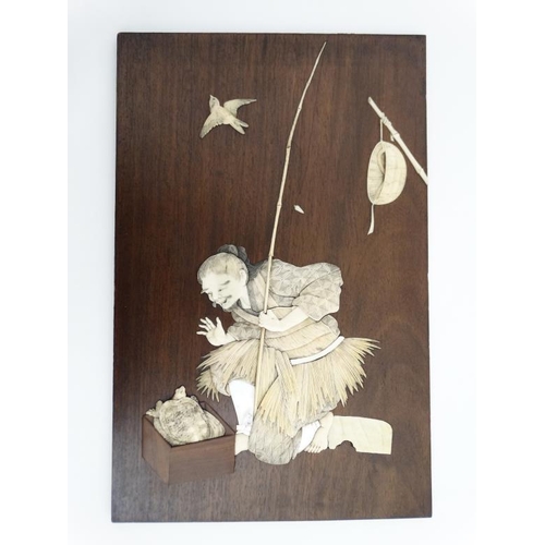 843 - A 19thC Japanese hardwood plaque with ivory and mother of pearl inlay depicting a figure freeing a m... 