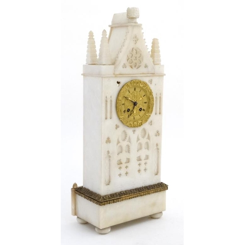 85 - French Alabaster Cathedral Clock : An 8 day Silk Suspension mantle clock striking on a bell with out... 