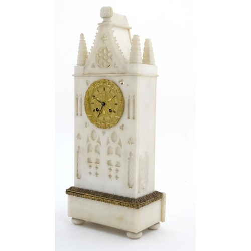 85 - French Alabaster Cathedral Clock : An 8 day Silk Suspension mantle clock striking on a bell with out... 